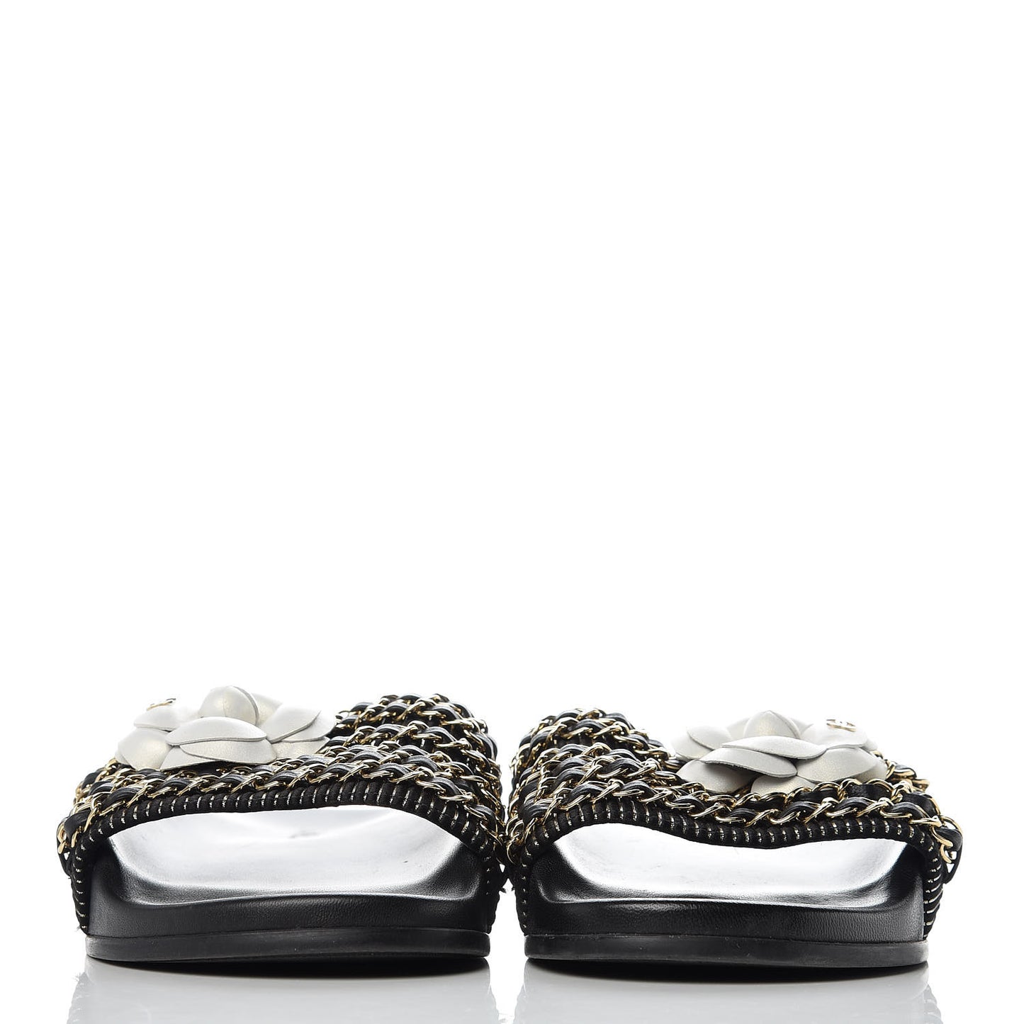 Calfskin Chain Camellia Flat Sandals 40 Black