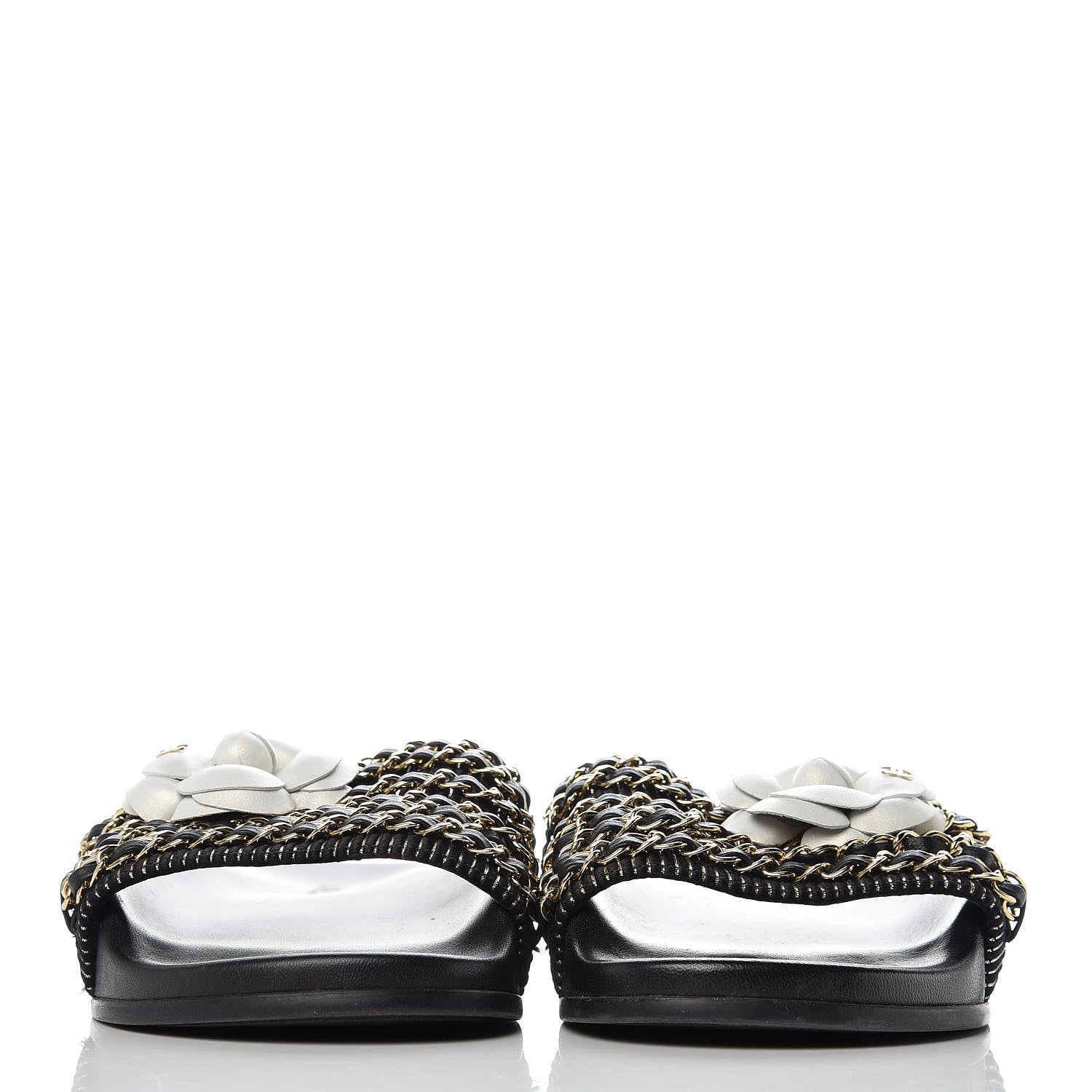 Chanel Calfskin Chain Camellia Flat Sandals 40 Black 2 of 8