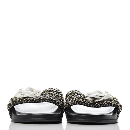 Chanel Calfskin Chain Camellia Flat Sandals 40 Black 2 of 8