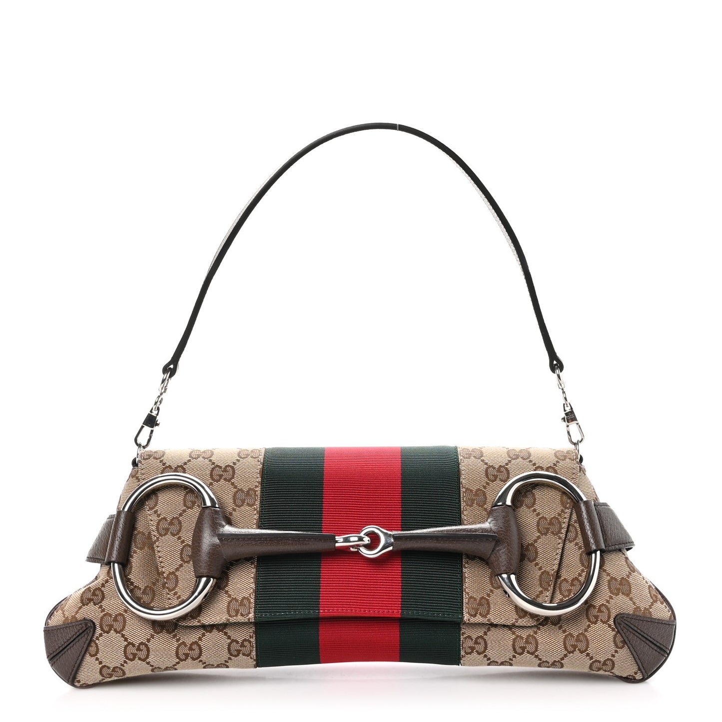 Monogram Textured Dollar Calfskin Heavy Grosgrain Web Medium Maxi Horsebit Chain Shoulder Bag Beige Ebony New Acero