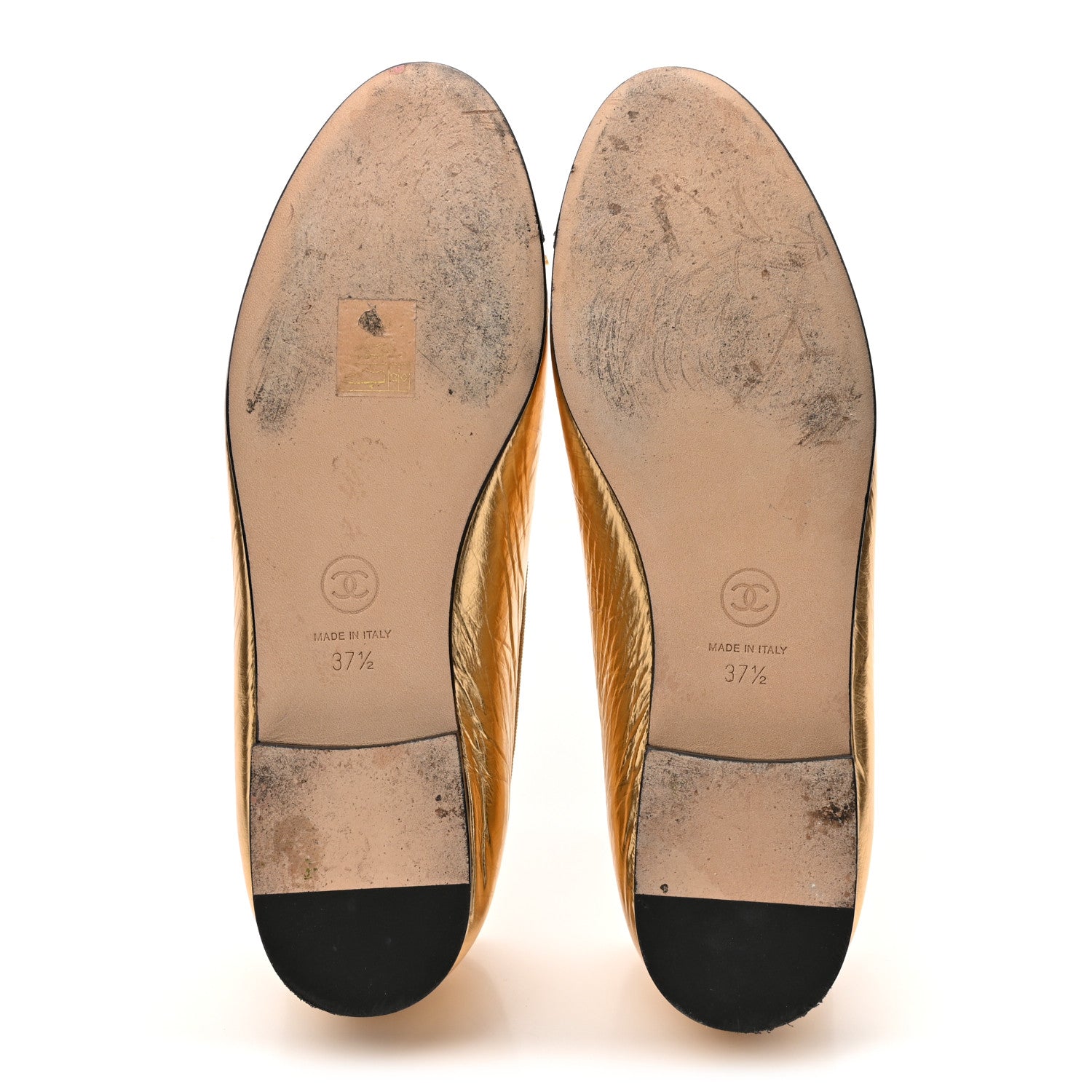 Chanel Metallic Calfskin Grosgrain Cap Toe CC Ballerina Flats 37.5 Gold 6 of 11