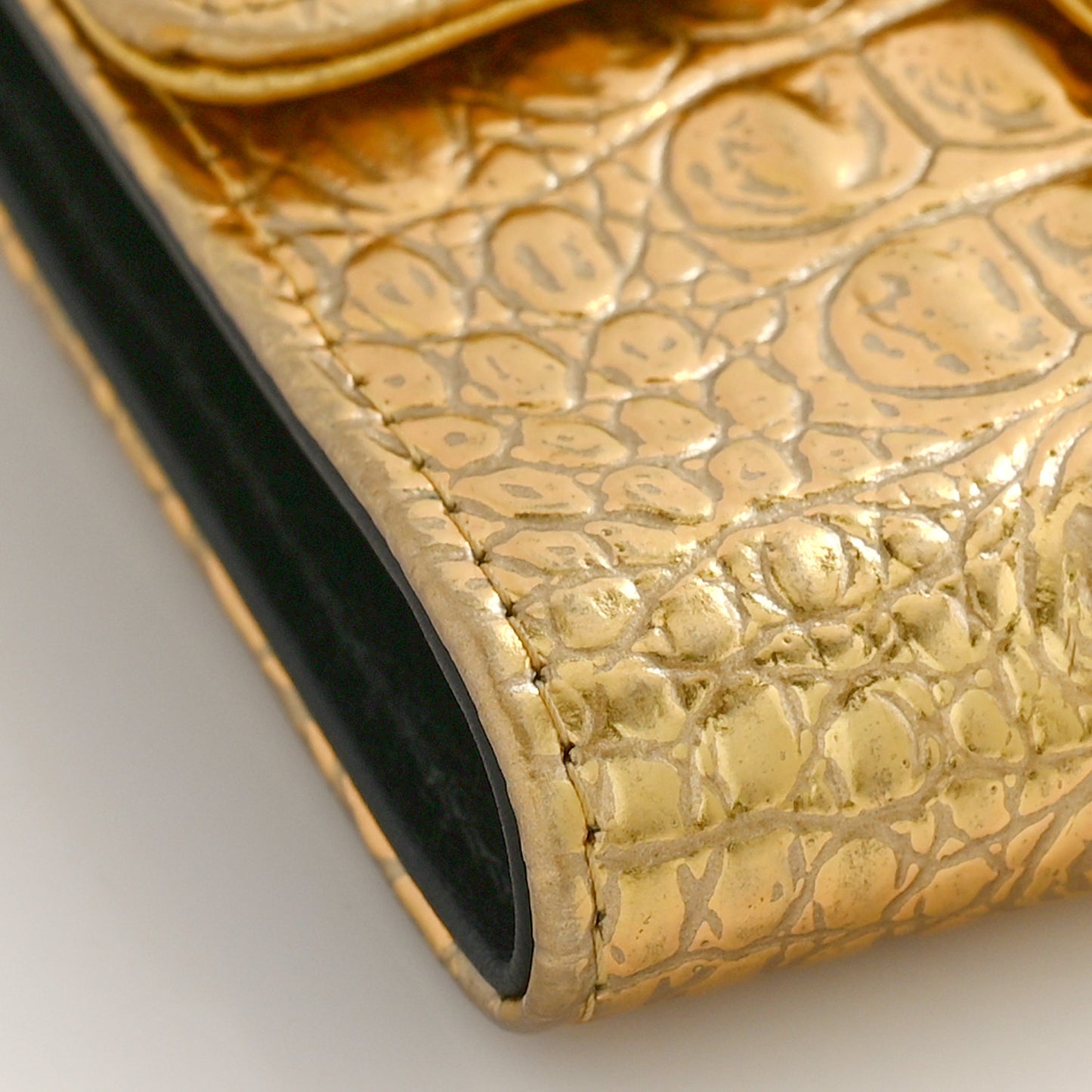 Metallic Calfskin Crocodile Embossed Cocodile Compact Flap Wallet Gold