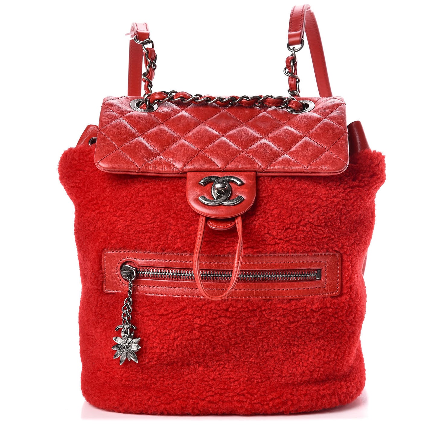 Glazed Calfskin Shearling Quilted Small Mountain Backpack Red