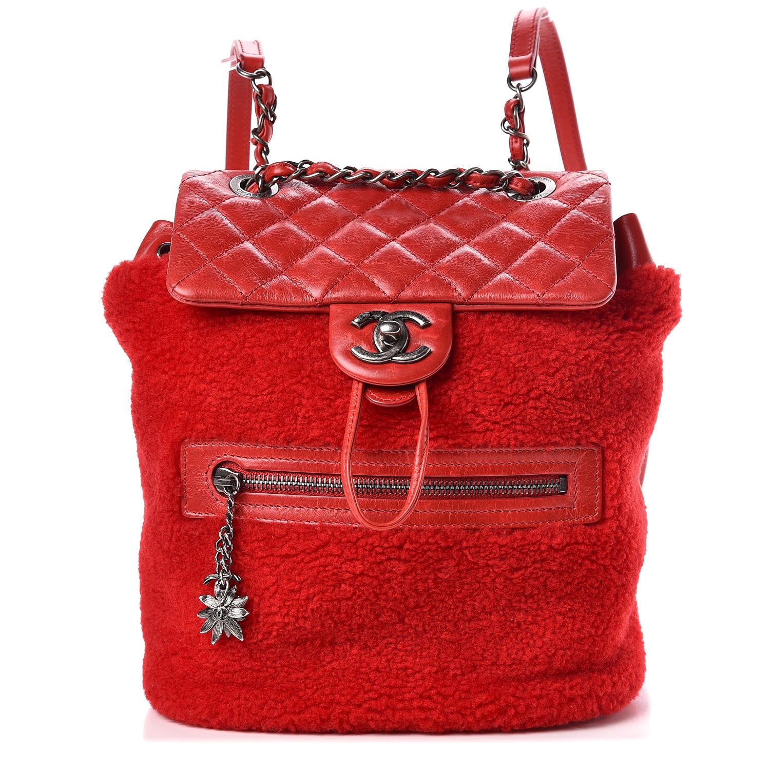 Chanel Glazed Calfskin Shearling Quilted Small Mountain Backpack Red 1 of 10
