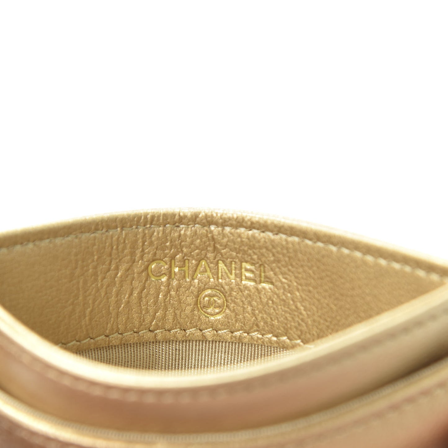 Metallic Goatskin Quilted Chanel 19 Card Holder Gold