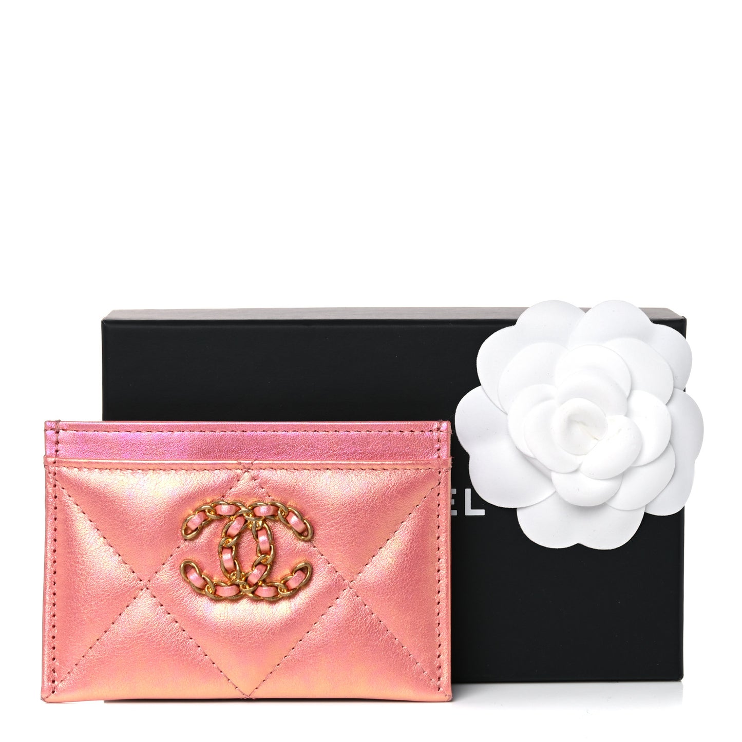 Iridescent Calfskin Quilted Chanel 19 Card Holder Pink