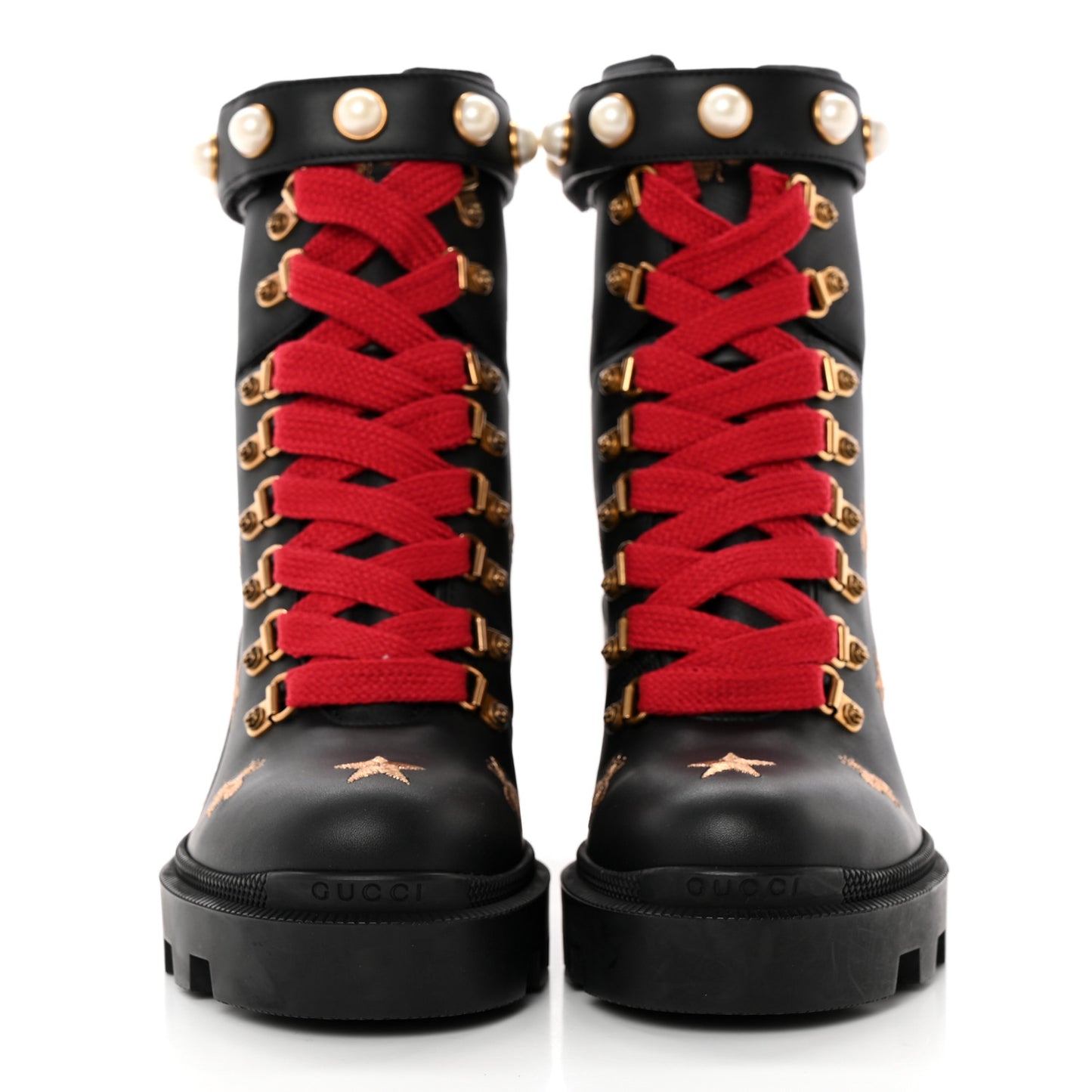 Calfskin Embroidered Lace Up Combat Ankle Boots 37.5 Black