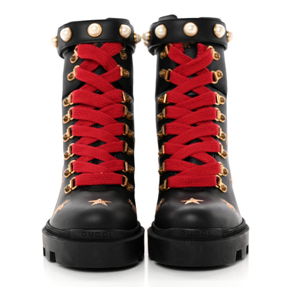 Gucci Calfskin Embroidered Lace Up Combat Ankle Boots 37.5 Black 2 of 14