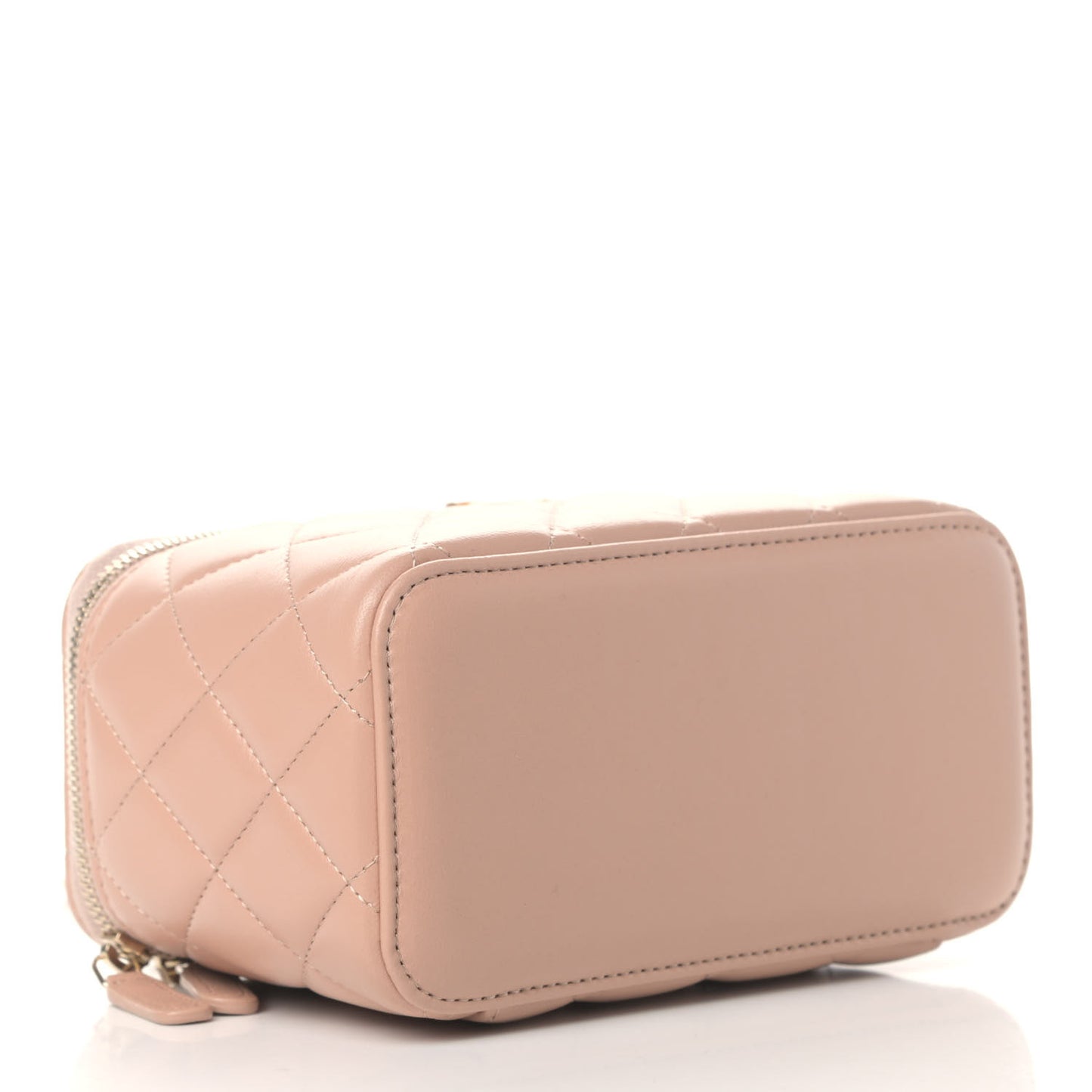 Lambskin Quilted Small Top Handle Vanity Case With Chain Beige