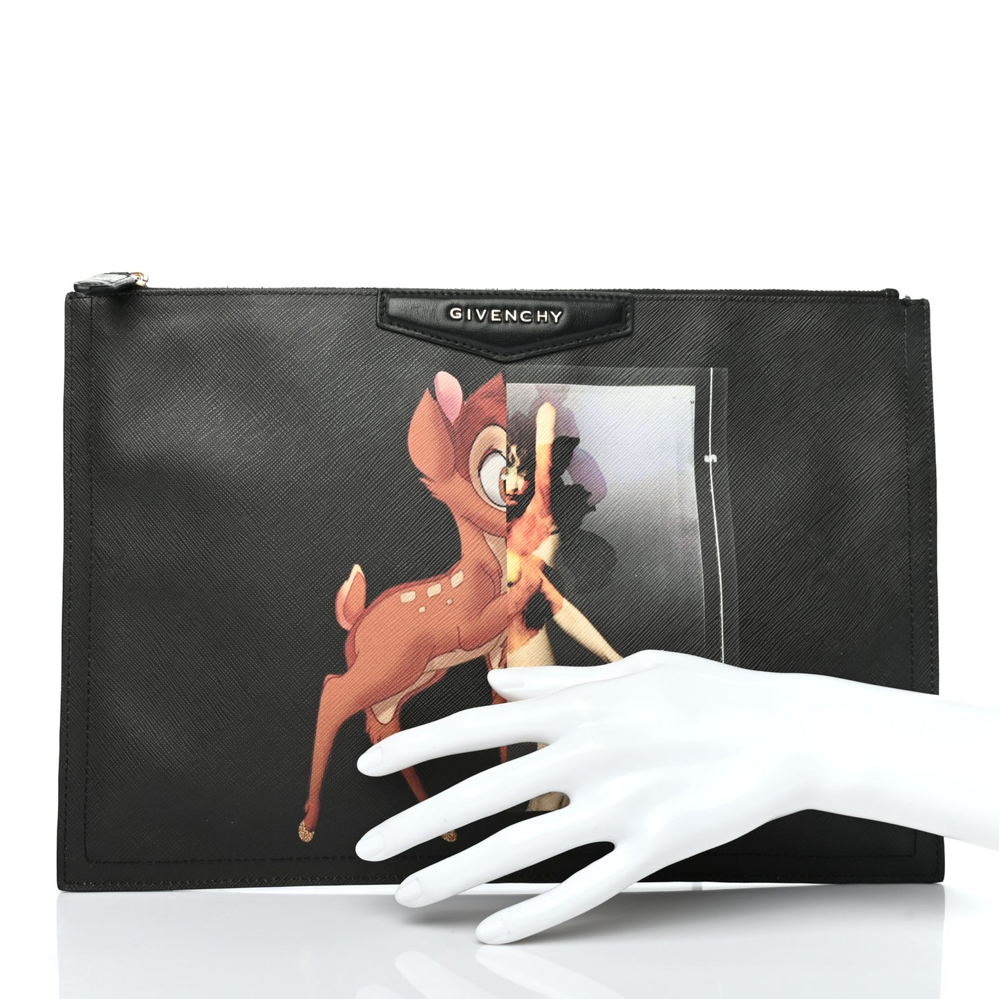 Textured Coated Canvas Bambi Print Medium Cosmetic Pouch Black