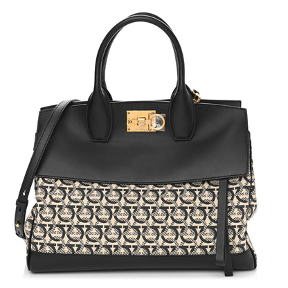 Salvatore Ferragamo Canvas Calfskin Gancini The Studio Bag Black Beige 1 of 9