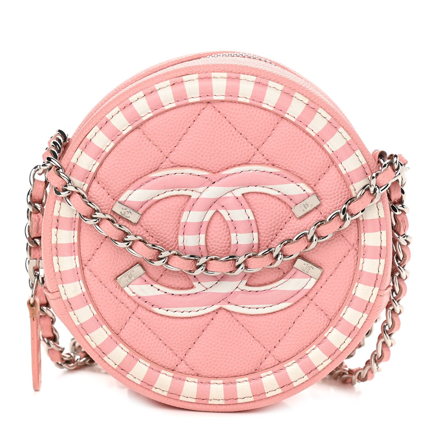 Caviar Quilted Filigree Round Clutch With Chain Pink White