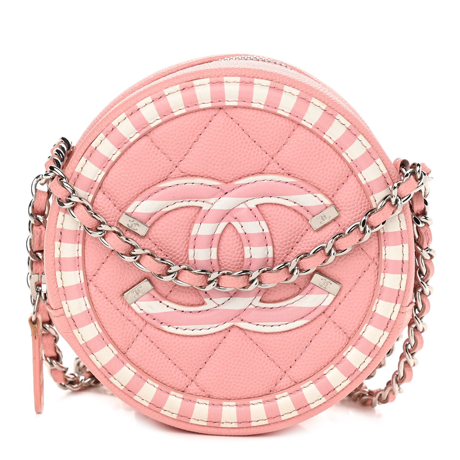 Chanel Caviar Quilted Filigree Round Clutch With Chain Pink White 1 of 11