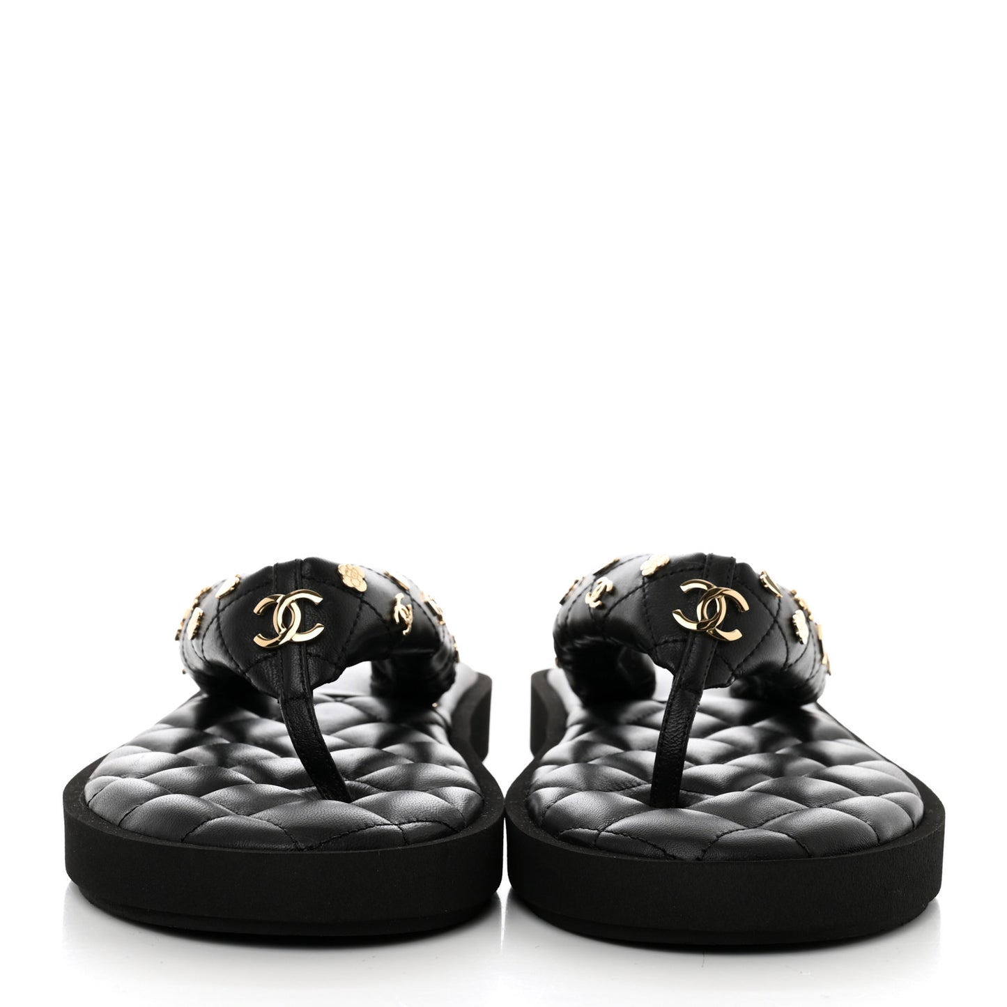 Lambskin Quilted Padded Charms Thong Sandals 41.5 Black