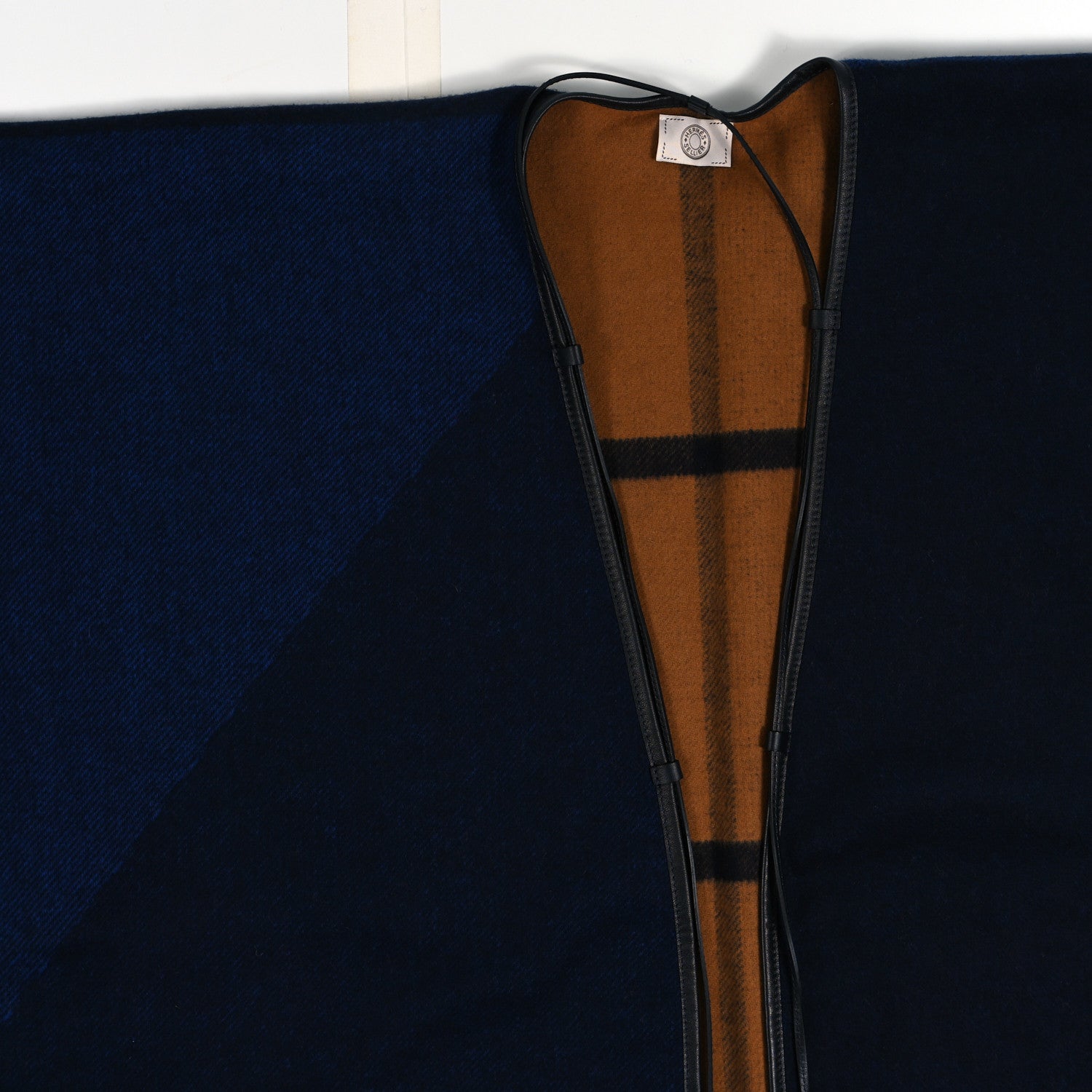 Hermes Wool Calfskin Reversible Highlands Poncho Navy Royal Fauve 3 of 4