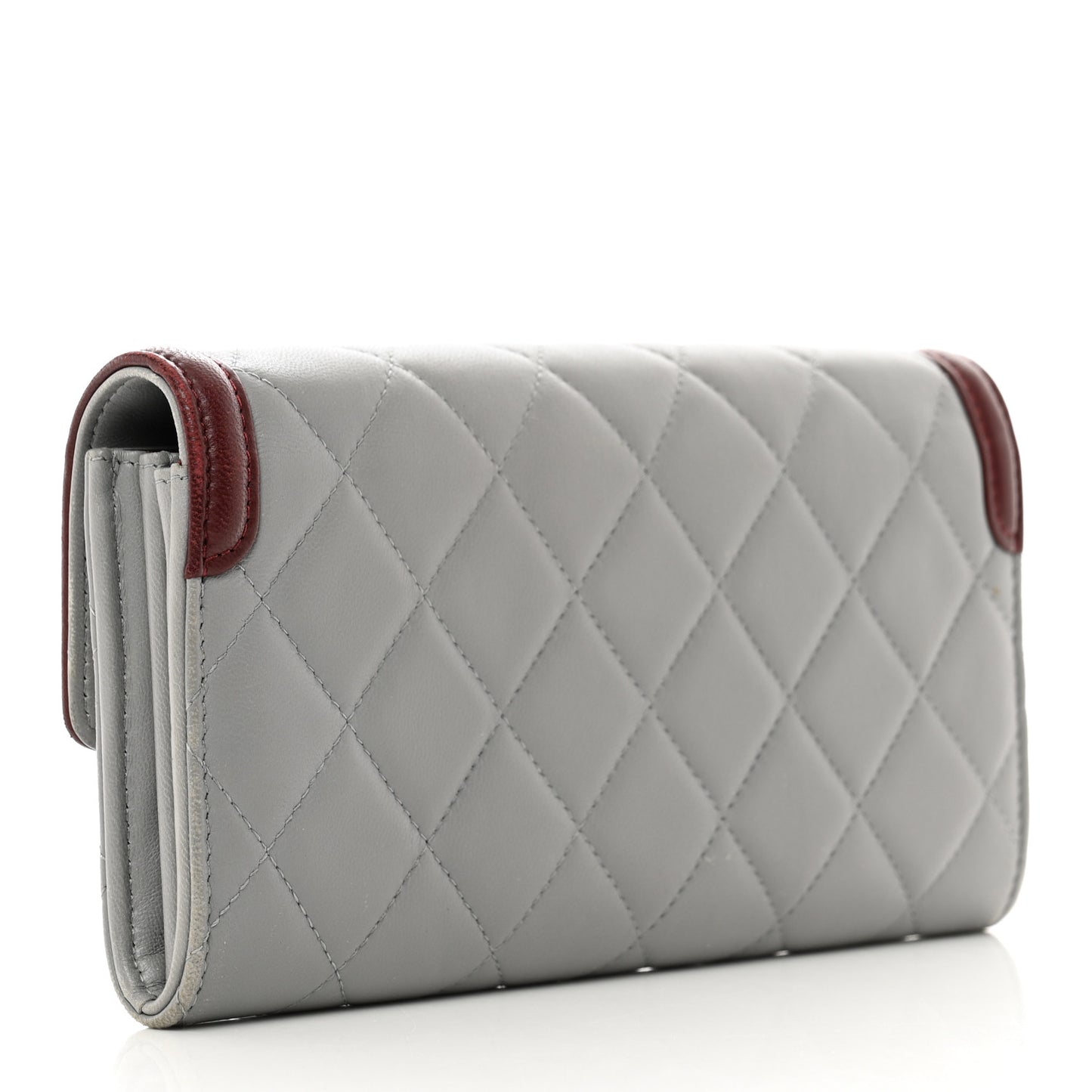 Lambskin Quilted Large Two Tone Day Gusset Flap Wallet Grey Burgundy