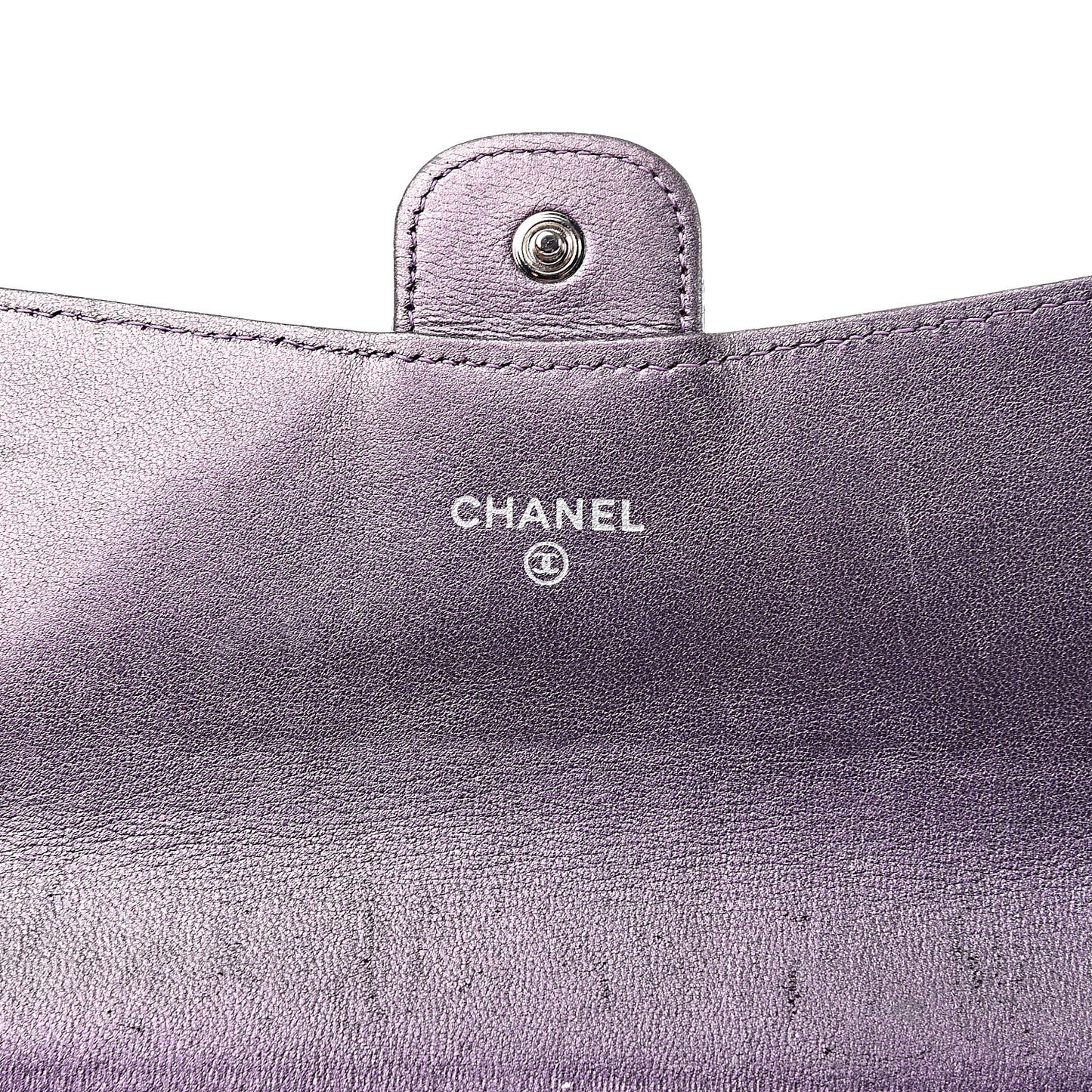 Iridescent Lambskin Quilted Large Gusset Flap Wallet Purple