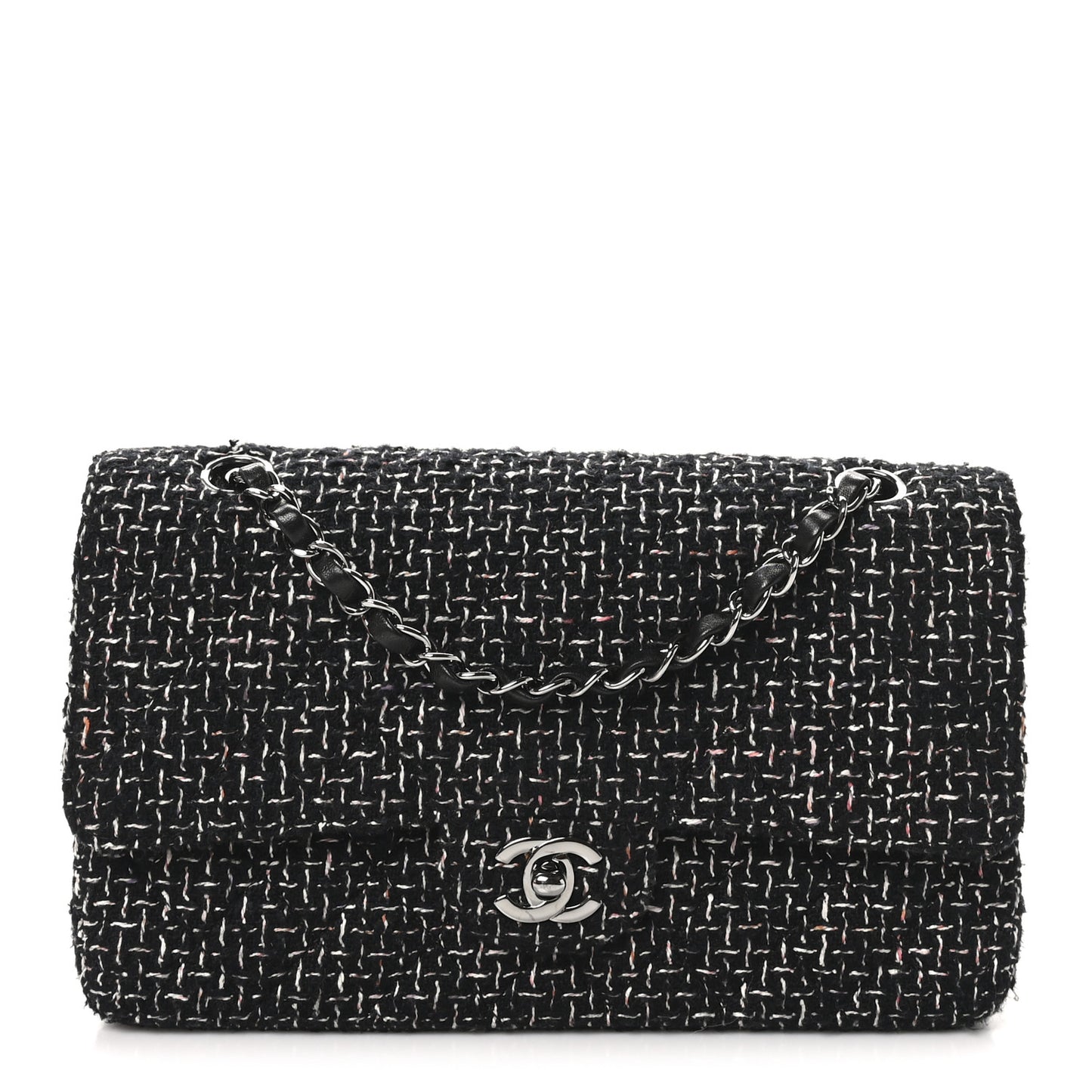 Tweed Quilted Medium Double Flap Black Multicolor