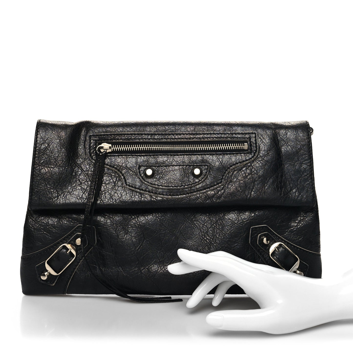 Agneau Silver Metallic Edge Hardware Envelope Clutch Black