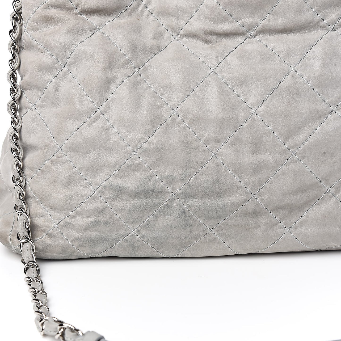 Iridescent Calfskin Diamond Stitched CC Shopping Tote Gris Clair