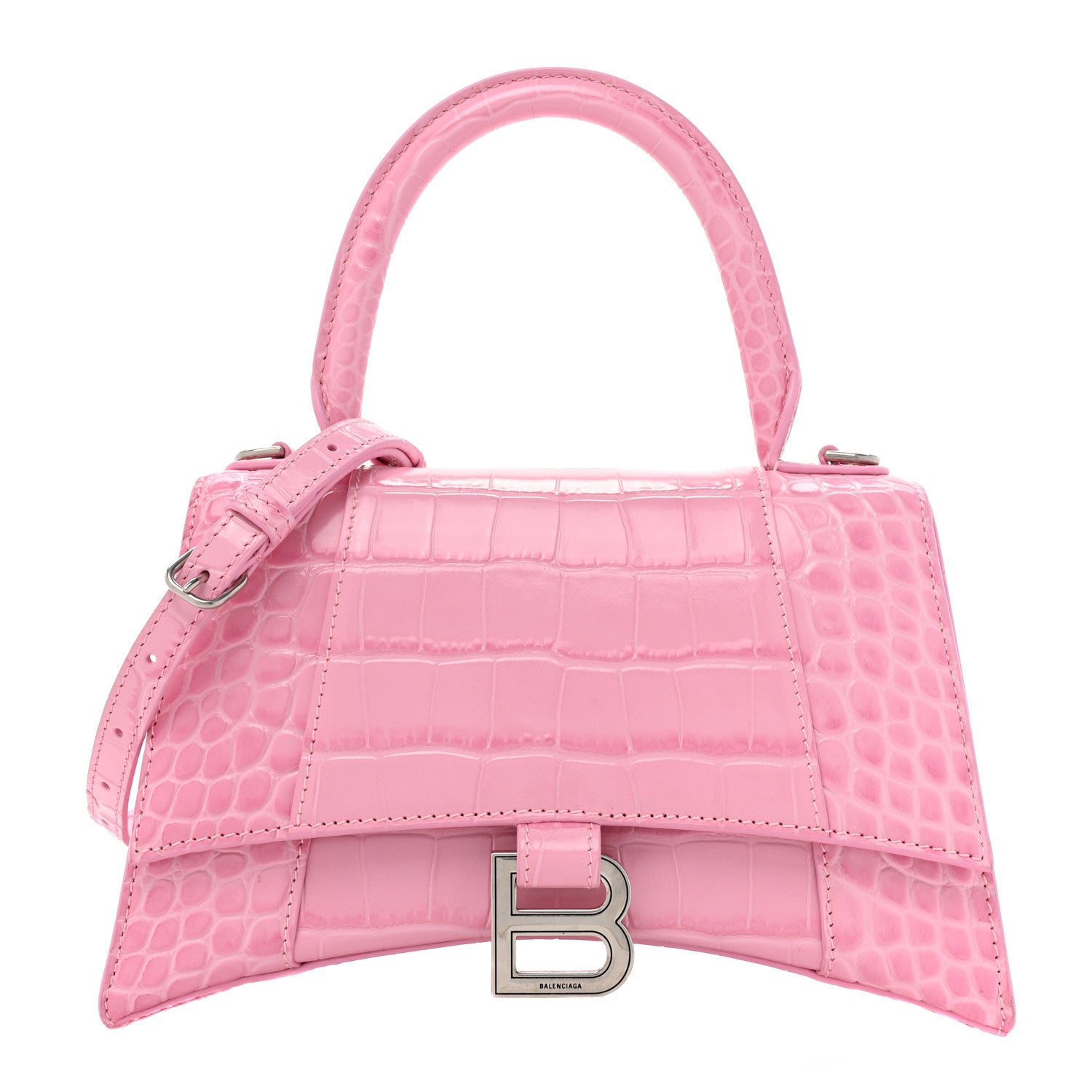 Balenciaga Shiny Calfskin Crocodile Embossed Small Hourglass Top Handle Bag Candy Pink 1 of 14