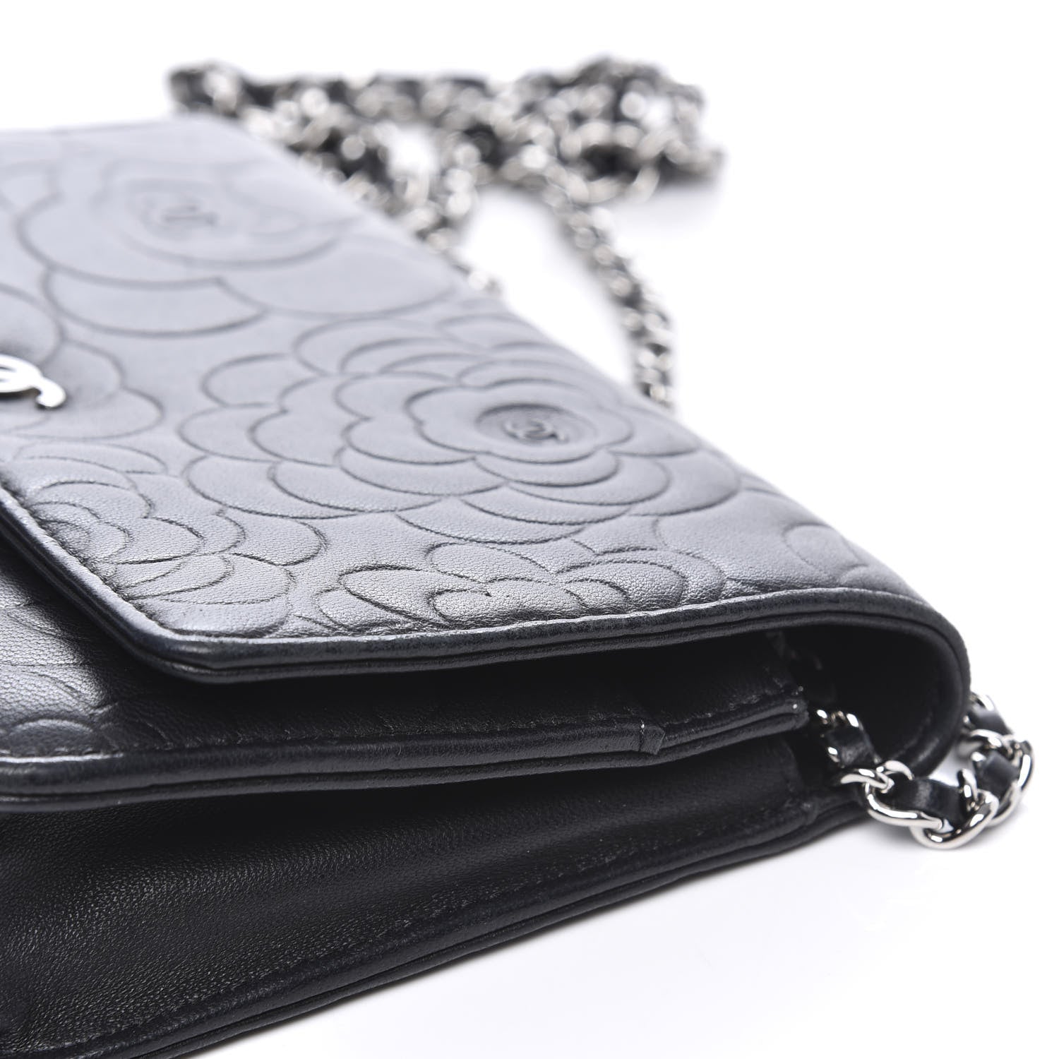 Chanel Lambskin Camellia Embossed Wallet on Chain WOC Black 10 of 13