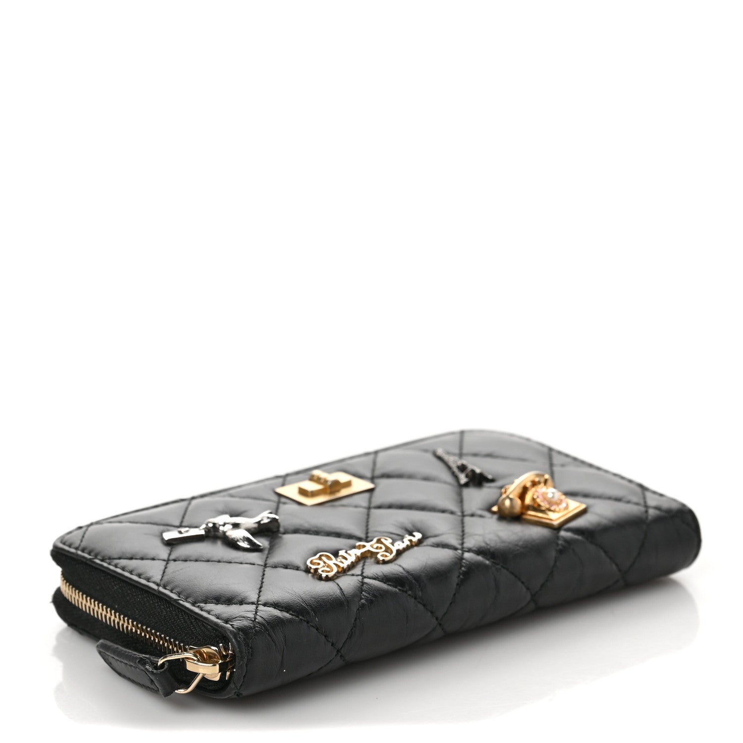 Chanel Aged Calfskin Quilted Small Lucky Charms 2.55 Reissue Zip Around Wallet Black 4 of 8