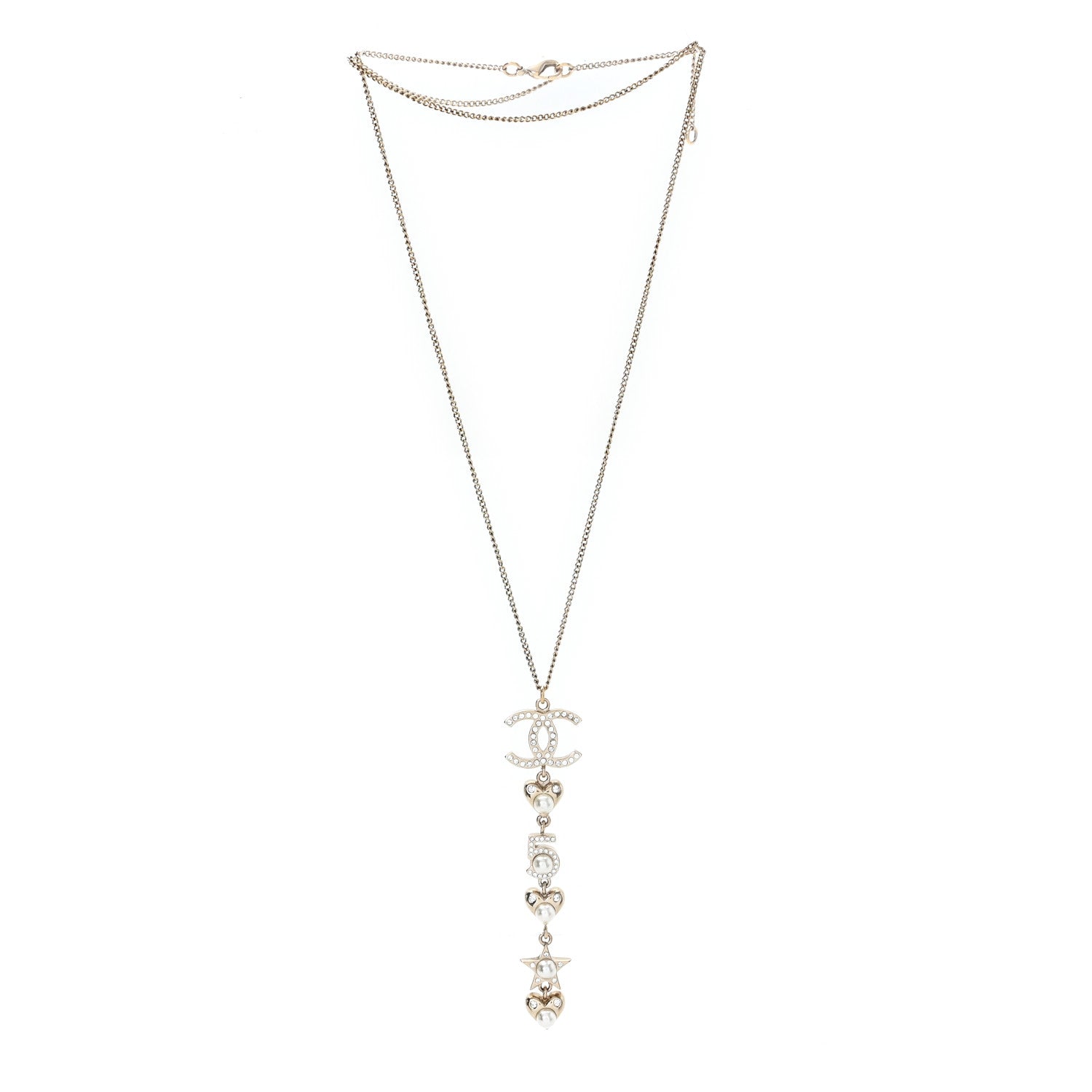 Chanel Pearl Crystal CC No 5 Heart Star Pendant Necklace Gold 3 of 5