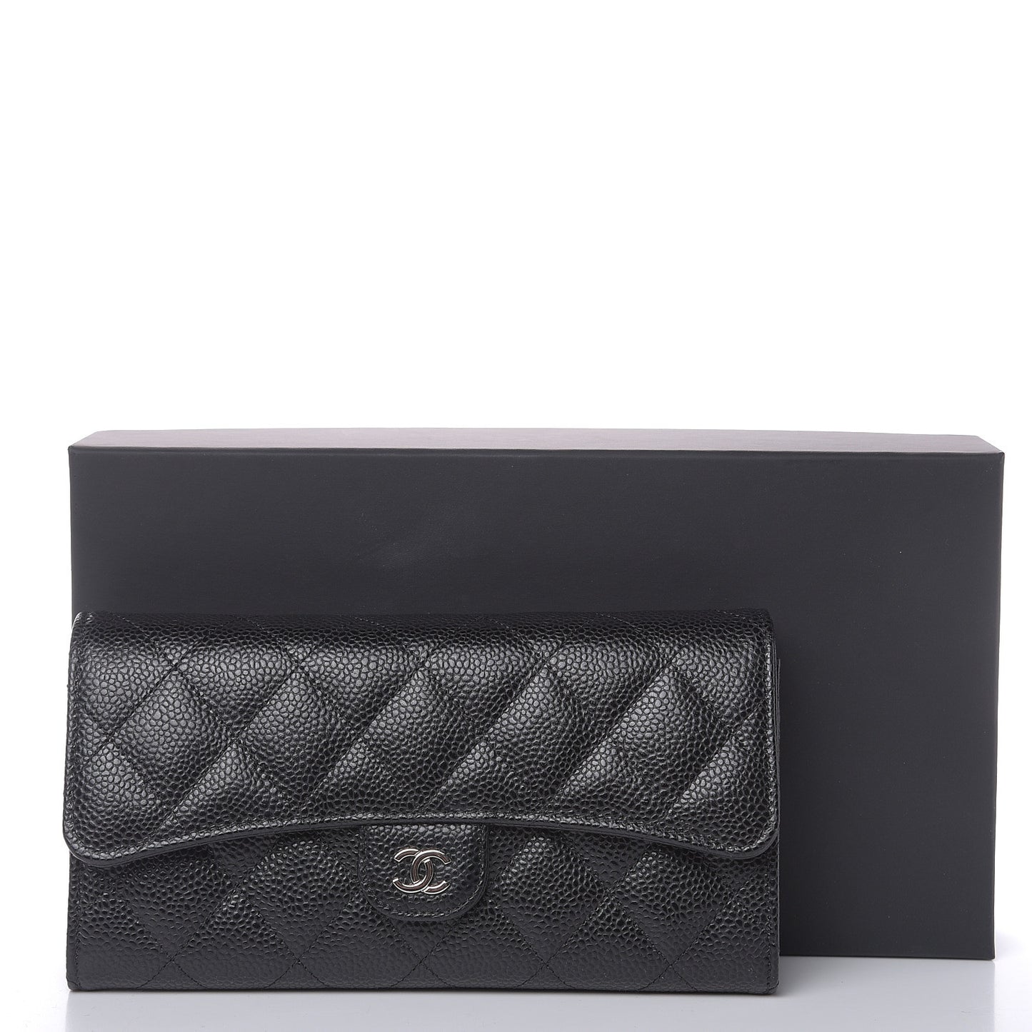Caviar Quilted Large Gusset Flap Wallet Black