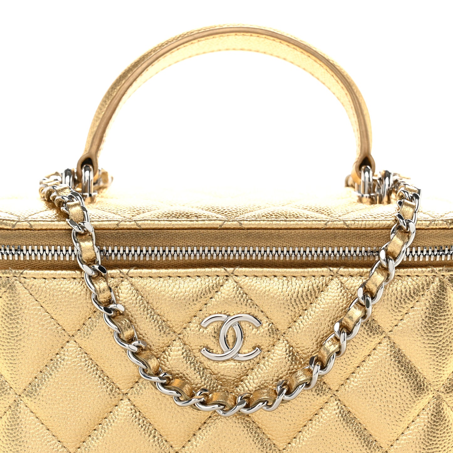 Metallic Caviar Quilted Top Handle Slim Vanity Case With Chain Gold