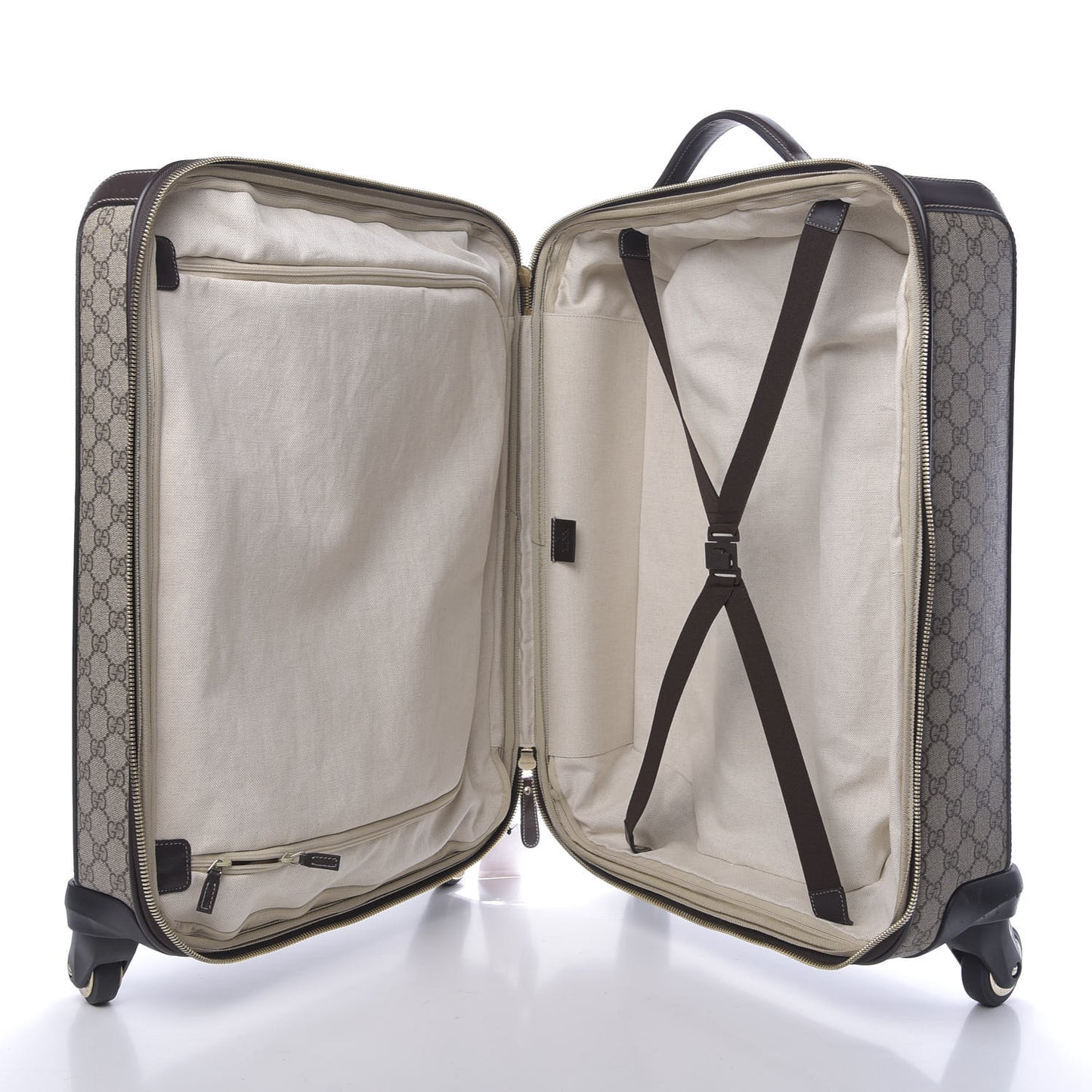 GG Supreme Monogram Selleria Calfskin Four Wheel Carry On Suitcase Beige Ebony Cocoa