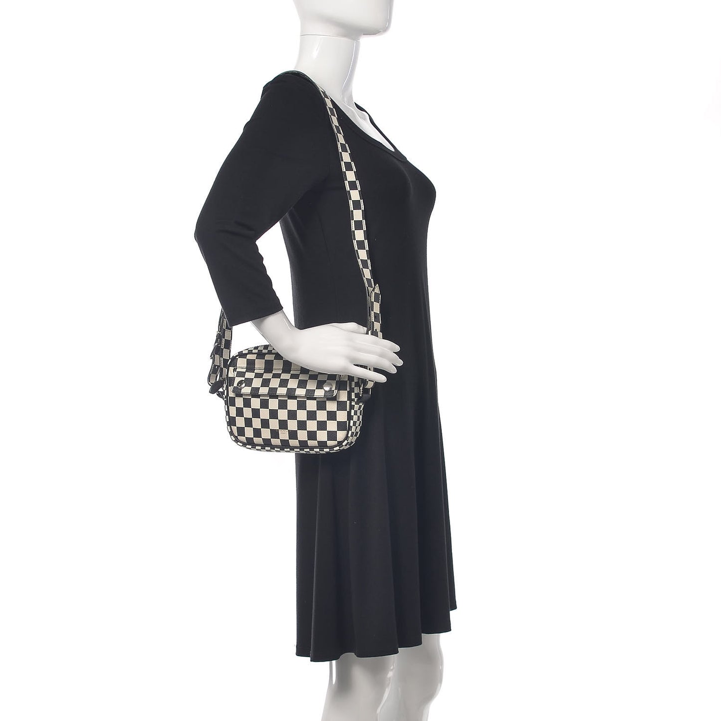 Grained Calfskin Checkered Print Messenger Black White