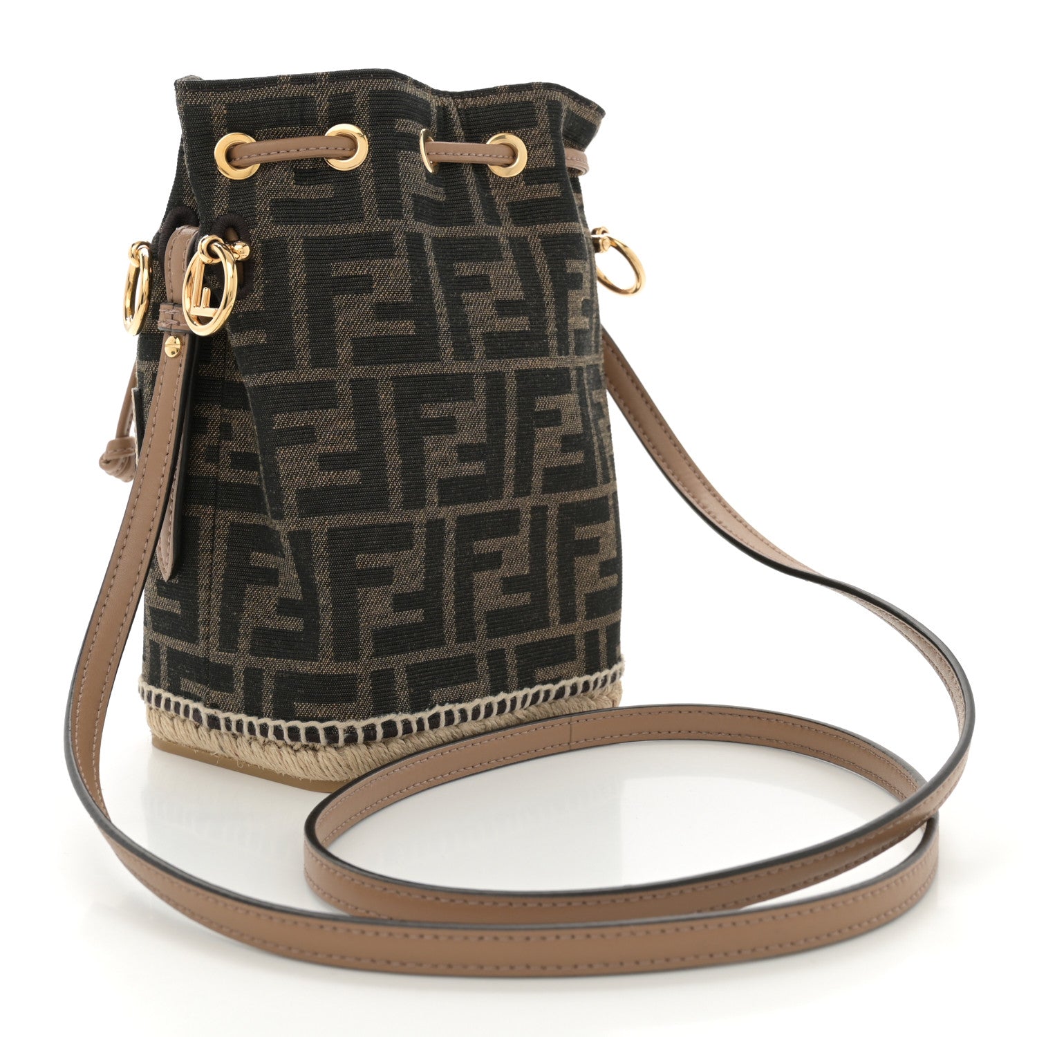 Fendi Fabric Jacquard Vitello Grace Raffia FF 1974 Logo Mini Mon Tresor Bucket Bag Tobacco Moro Sand 3 of 11