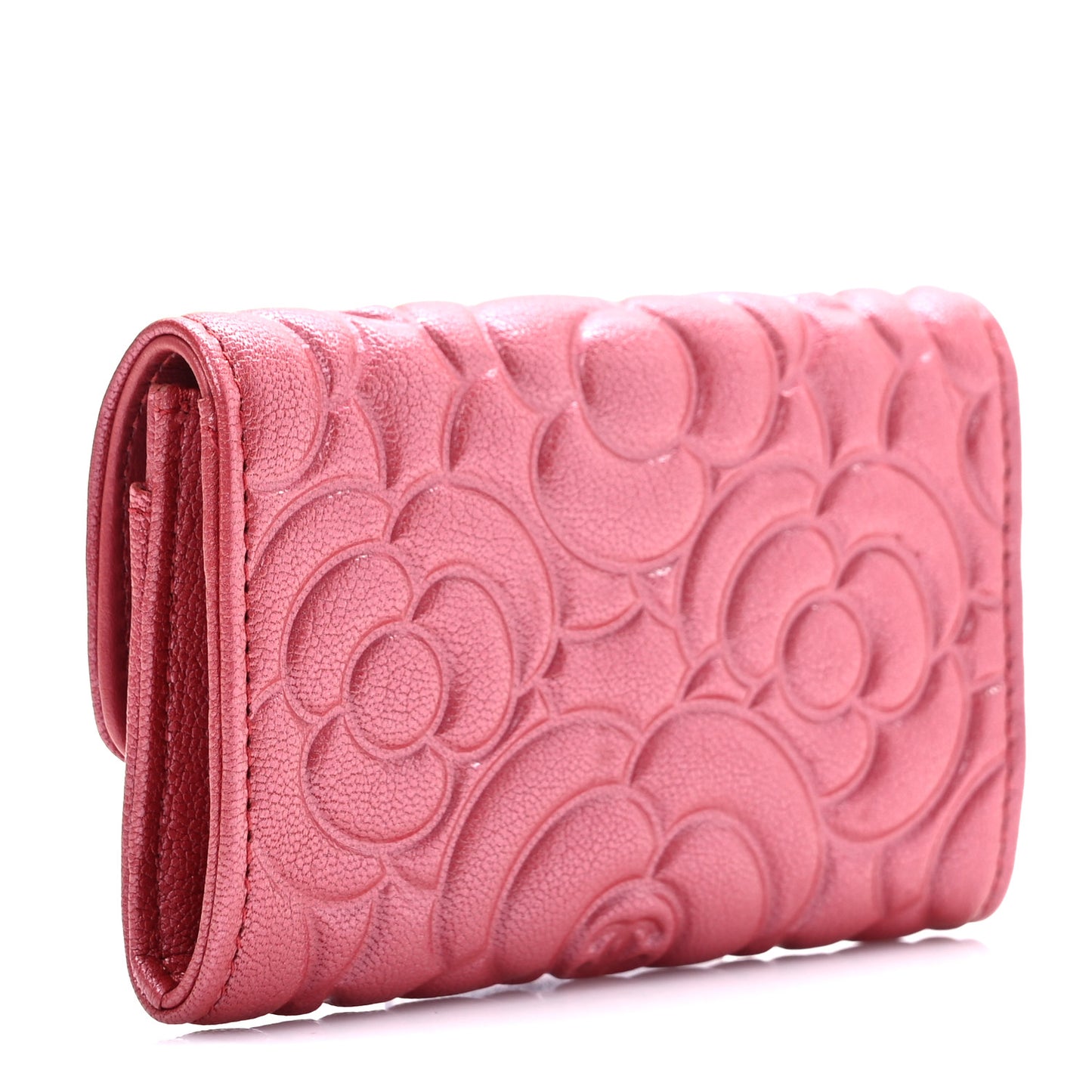 Goatskin Camellia Embossed Card Holder Wallet Pink