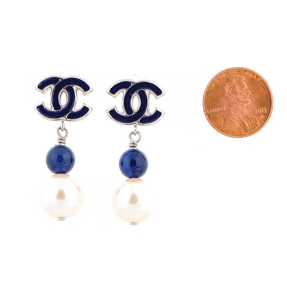 Chanel Enamel CC Pearl Dangle Earrings Navy Silver 2 of 4