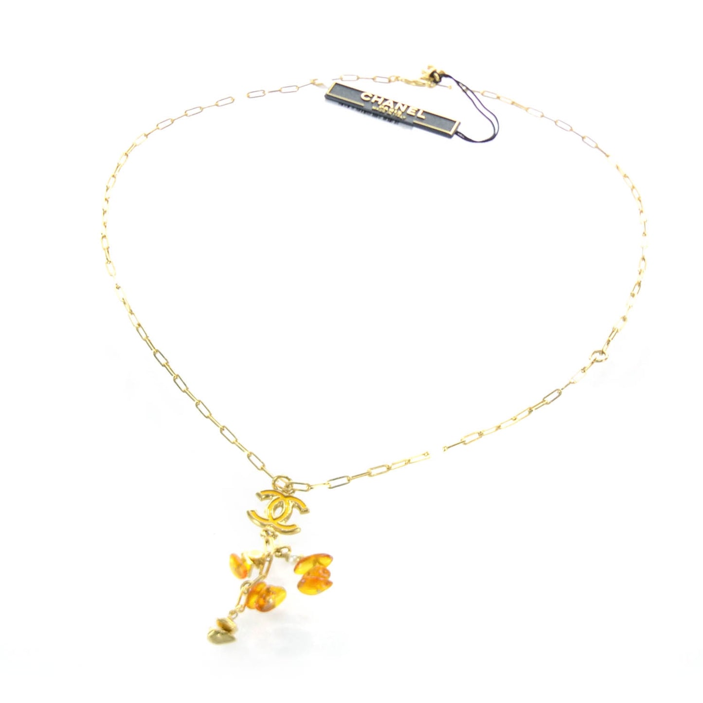 Hand Enameled Metal Amber Drop CC Necklace Gold