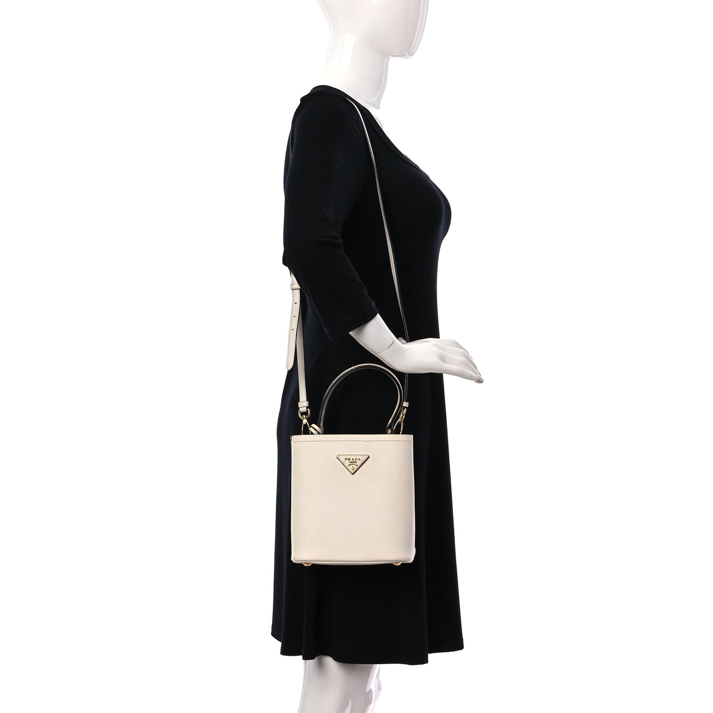 Saffiano Cuir Calfskin Small Panier Bucket Bag White Black