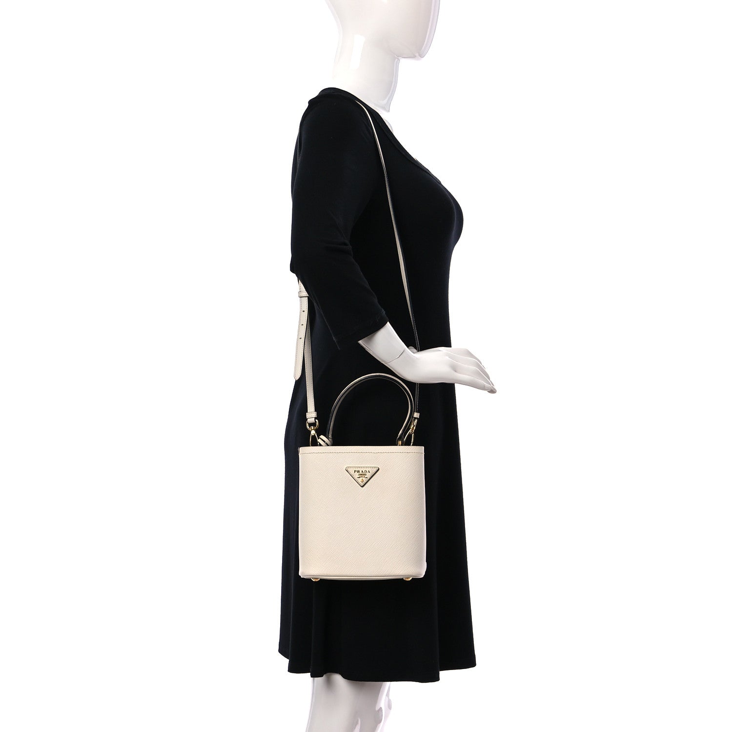 Prada Saffiano Cuir Calfskin Small Panier Bucket Bag White Black 2 of 9