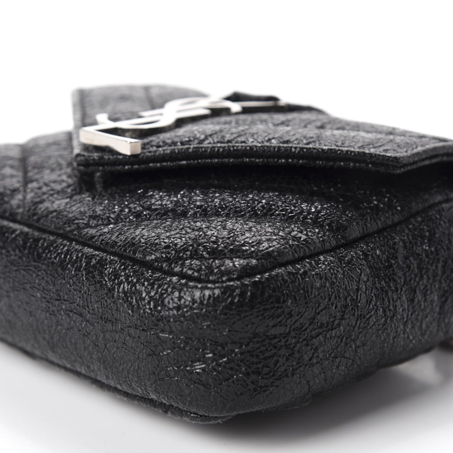 Metallic Crackled Calfskin Chevron Monogram Micro Crossbody Bag Black