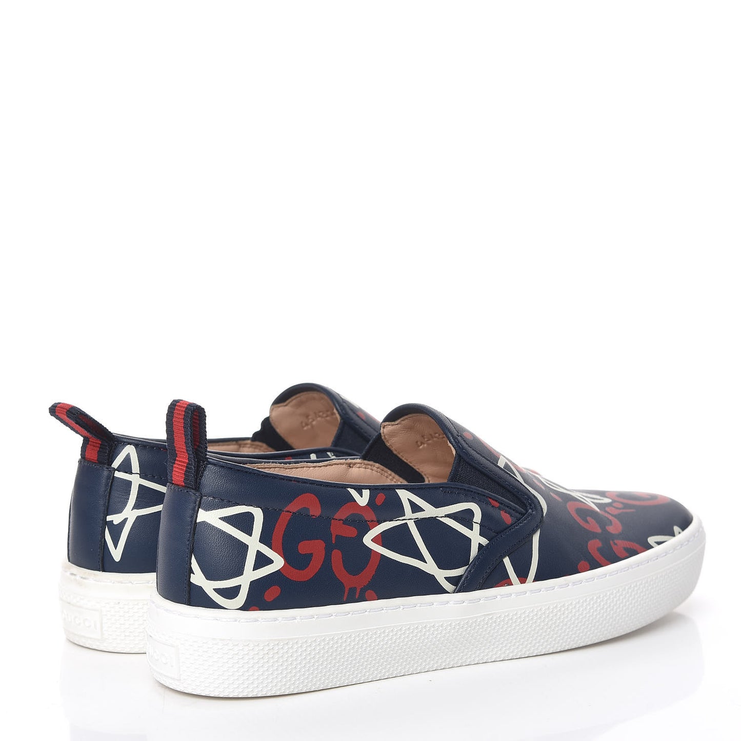 Calfskin GucciGhost Print Womens Slip On Sneakers 34 Blue Agata Hibiscus Red