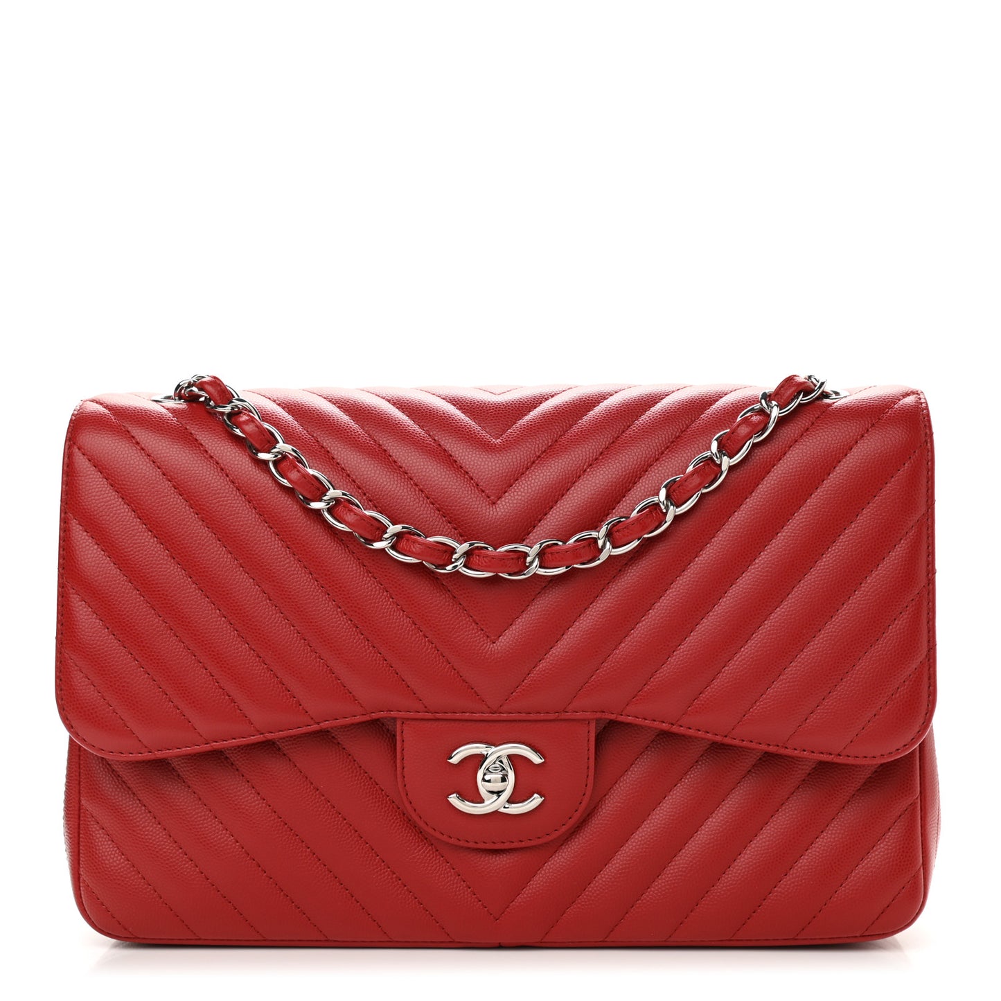 Caviar Chevron Quilted Jumbo Double Flap Dark Red