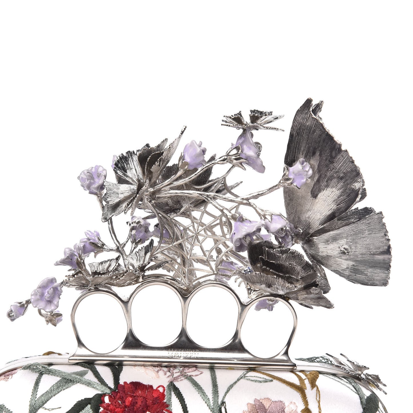 Satin Embroidered Flower Butterfly Knuckle Duster Box Clutch White Multicolor