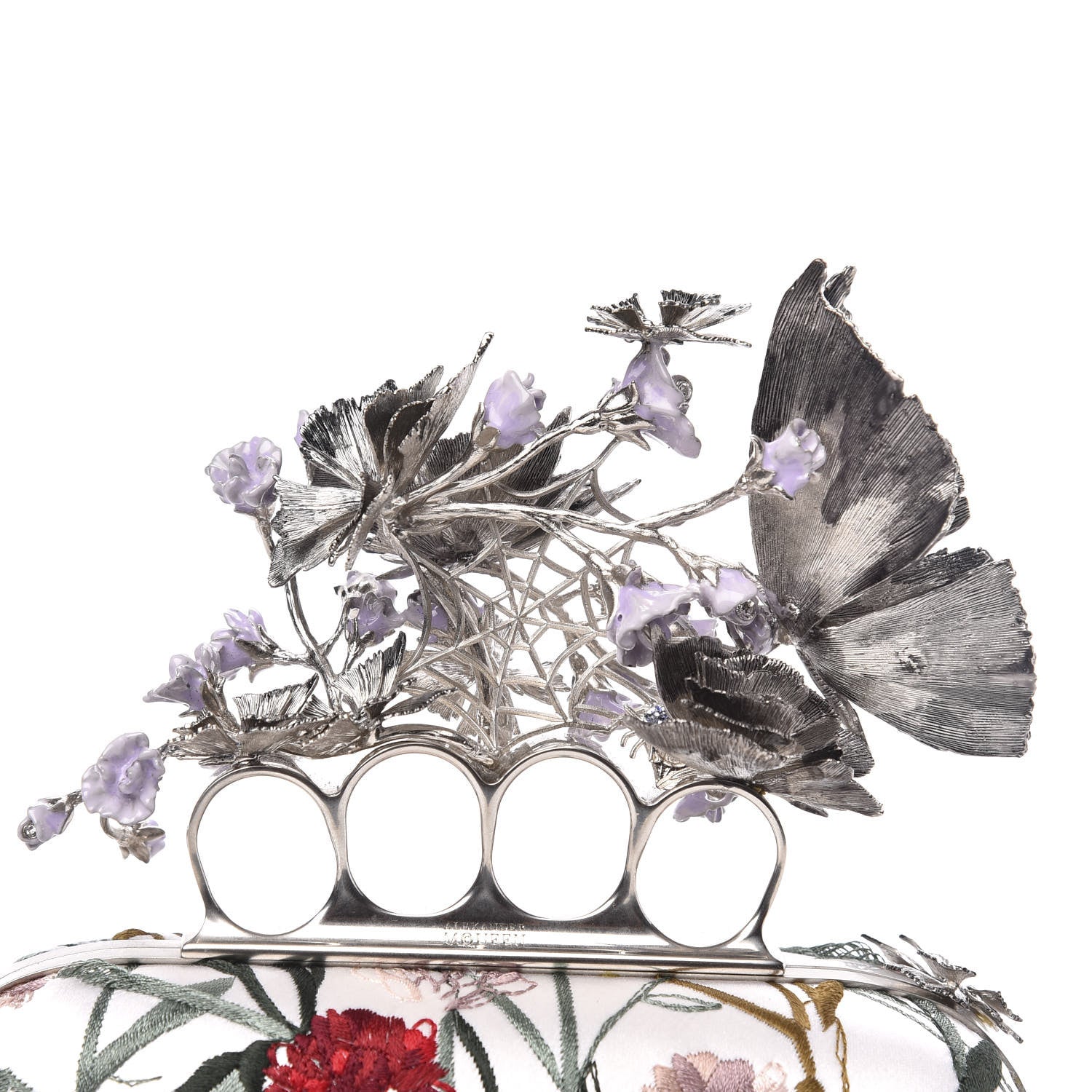 Alexander McQueen Satin Embroidered Flower Butterfly Knuckle Duster Box Clutch White Multicolor 11 of 12