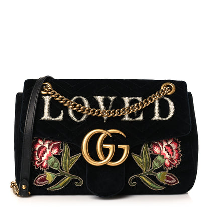 Gucci Velvet Matelasse Loved Embroidered Medium GG Marmont Shoulder Bag Black 1 of 10