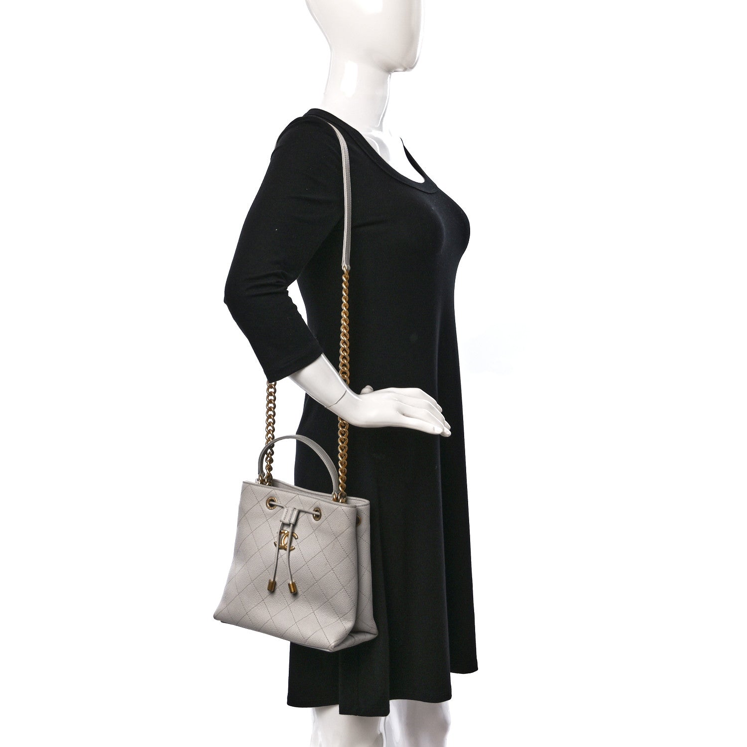 Chanel Caviar Diamond Stitched CC Bucket Drawstring Bag Light Grey 3 of 15