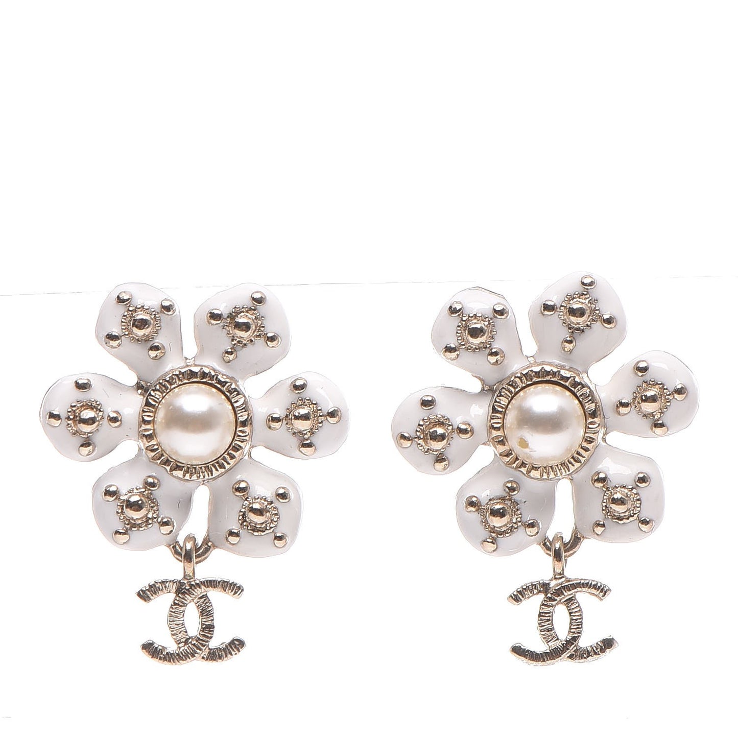 Enamel Pearl CC Flower Drop Earrings White Gold