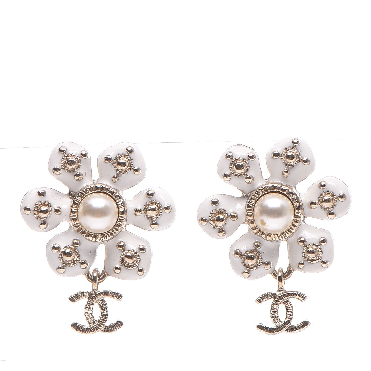 Chanel Enamel Pearl CC Flower Drop Earrings White Gold 1 of 5