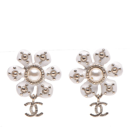 Chanel Enamel Pearl CC Flower Drop Earrings White Gold 1 of 5