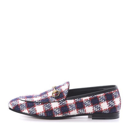 Gucci Vintage Tweed Check Horsebit Womens Jordaan Loafers 38.5 White Hibiscus Red Marine 1 of 7