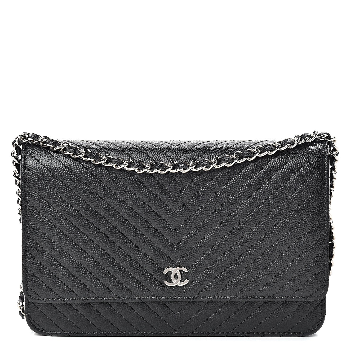 Chanel Caviar Chevron Quilted Wallet On Chain WOC Black 1 of 12